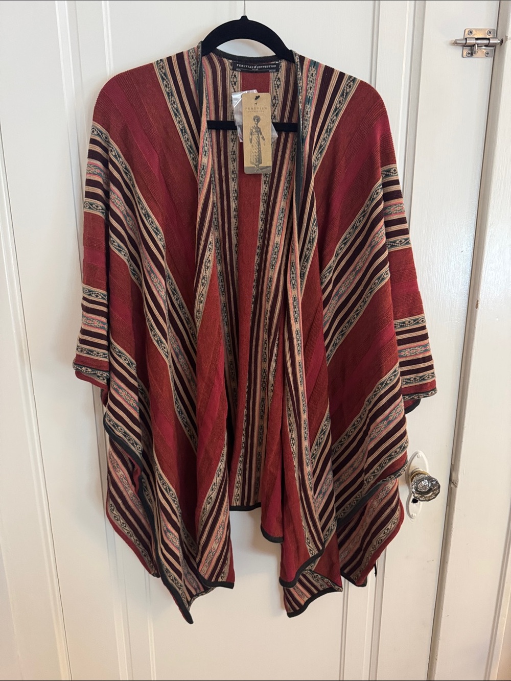 NWT Peruvian Connection Red Striped Santa Rosa Ruana Poncho Alpaca Cotton